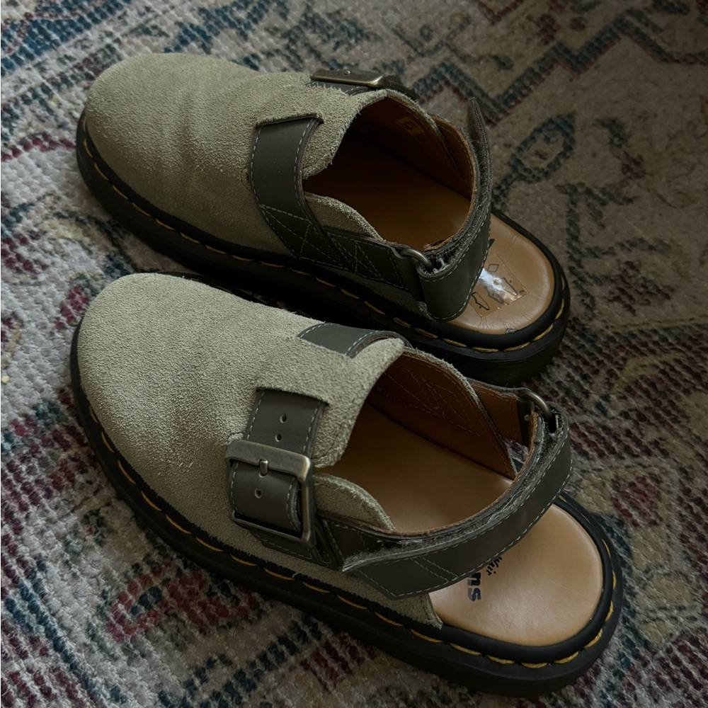 Dr. Martens Khaki Suede Mules with Buckle